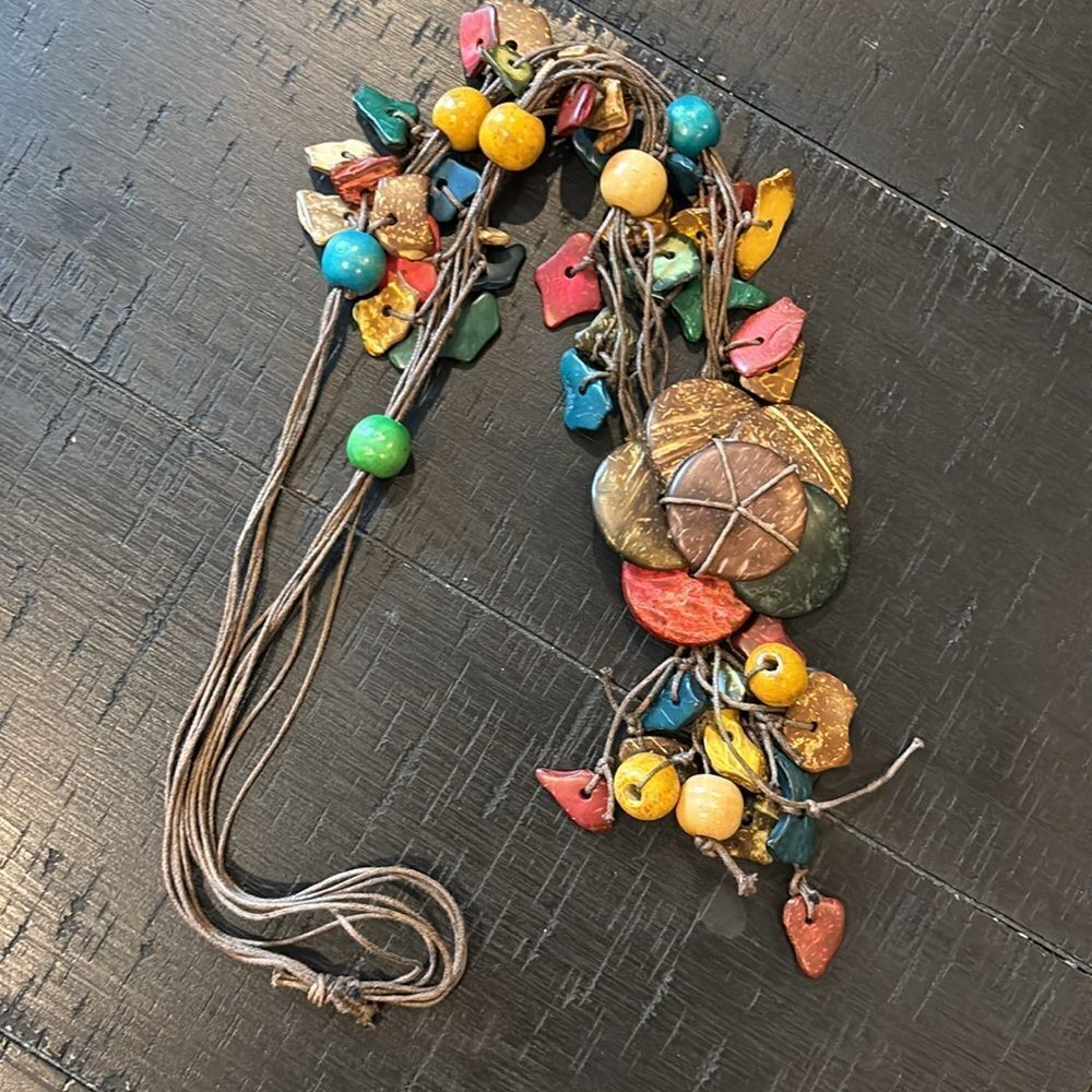 Long Boho Flower Coconut Shell Colorful Cheerful Southwestern Necklace